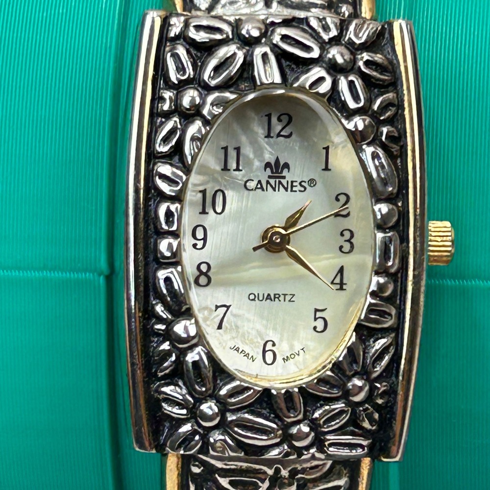 Cannes Womens Floral‎ Cuff Watch Mother of Pearl Dial Two Tone Hinged Bangle